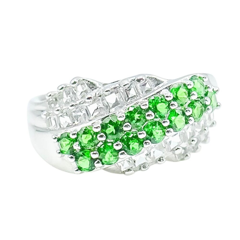 Sterling Silver Synthetic Emerald & White Zircon Ring Size 8